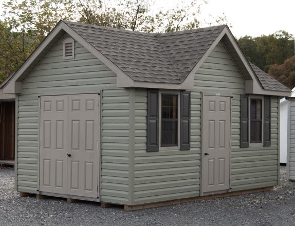 10x16 Victorian Deluxe Style Storage Shed with Meadow Green Vinyl Siding