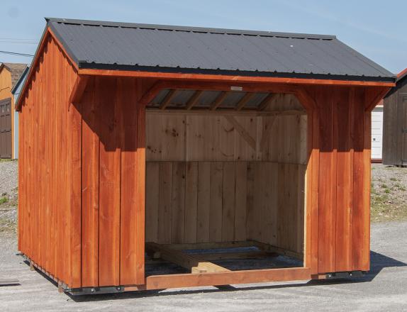 10x12 Run In Barn With Stained Board N Batten Siding and a Metal roof