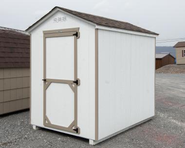 6x8 Madison Series Peak Style Storage Shed with White Siding and PC Clay Trim