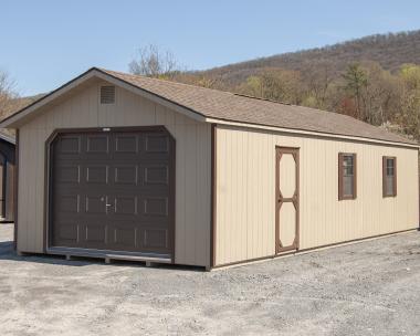 14x40 Peak Style One-Car Garage With Clay LP Siding and Brown Trim From Pine Creek Structures