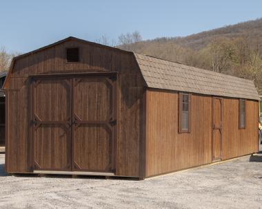 12x32 Gambrel Dutch Barn Style Storage Shed With Coffee Brown LP Smart Side, brown trim, and a shingle roof