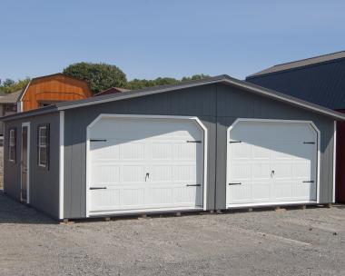 24x28 Two-Car Modular Garage With Dark Grey LP Smart Side, White Trim, White Garage Doors, and Black Shutters