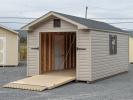 10x16 Peak Style Shed with Open Rampage Door And Pebble Clay Vinyl Siding