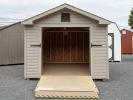 10x16 Peak Style Shed with Rampage Door Open to use as a ramp