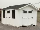 10x14 Front Entry Peak Roof Style Storage Shed with White Siding and Black Window Trim