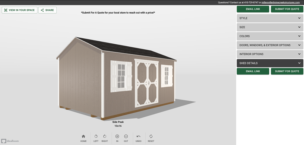 3d shed builder depicting customization options for a shed