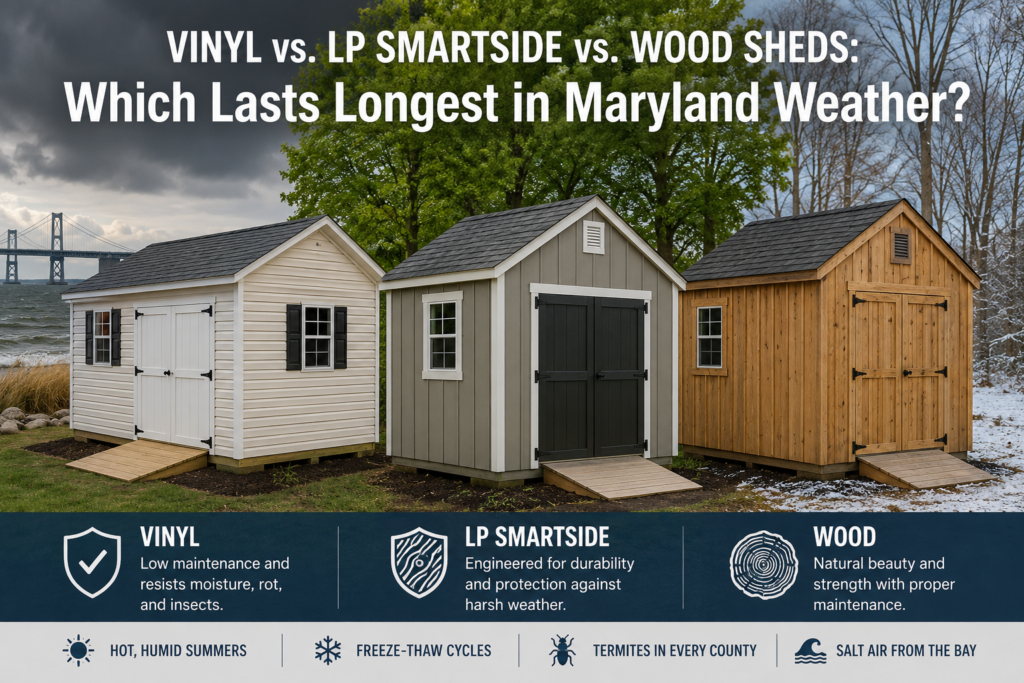 Three backyard sheds made from vinyl, LP SmartSide, and natural wood displayed side-by-side in a Maryland-inspired landscape showing humid, coastal, and winter weather conditions.