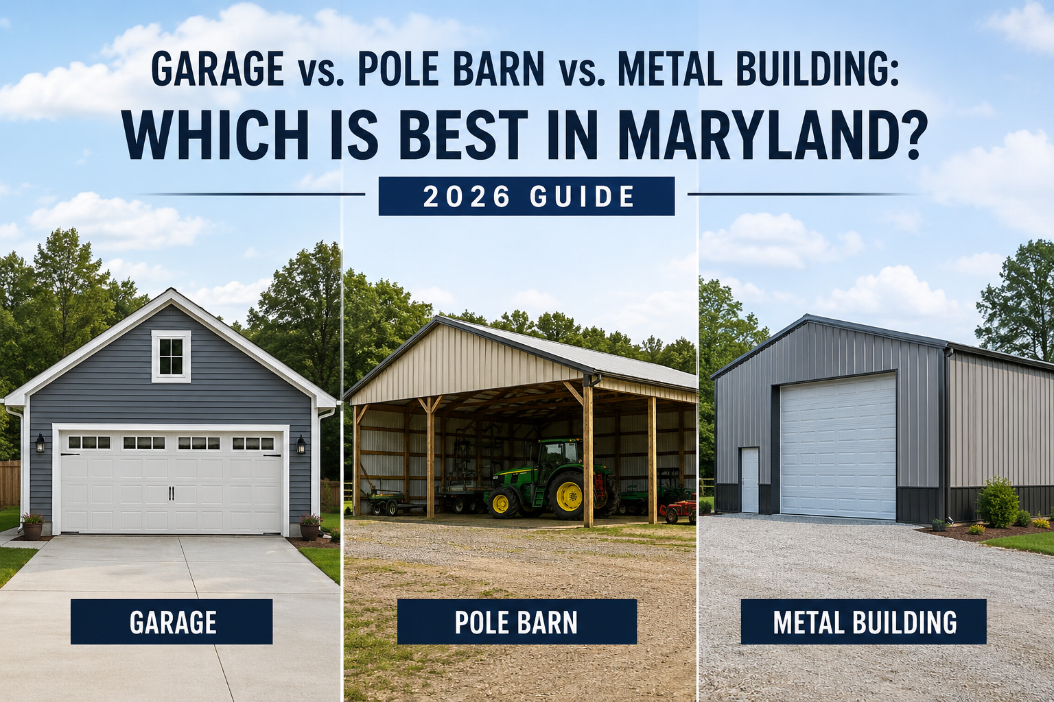 Side-by-side comparison of a traditional garage, pole barn, and metal building in Maryland with the headline “Garage vs. Pole Barn vs. Metal Building: Which Is Best in Maryland? 2026 Guide.”