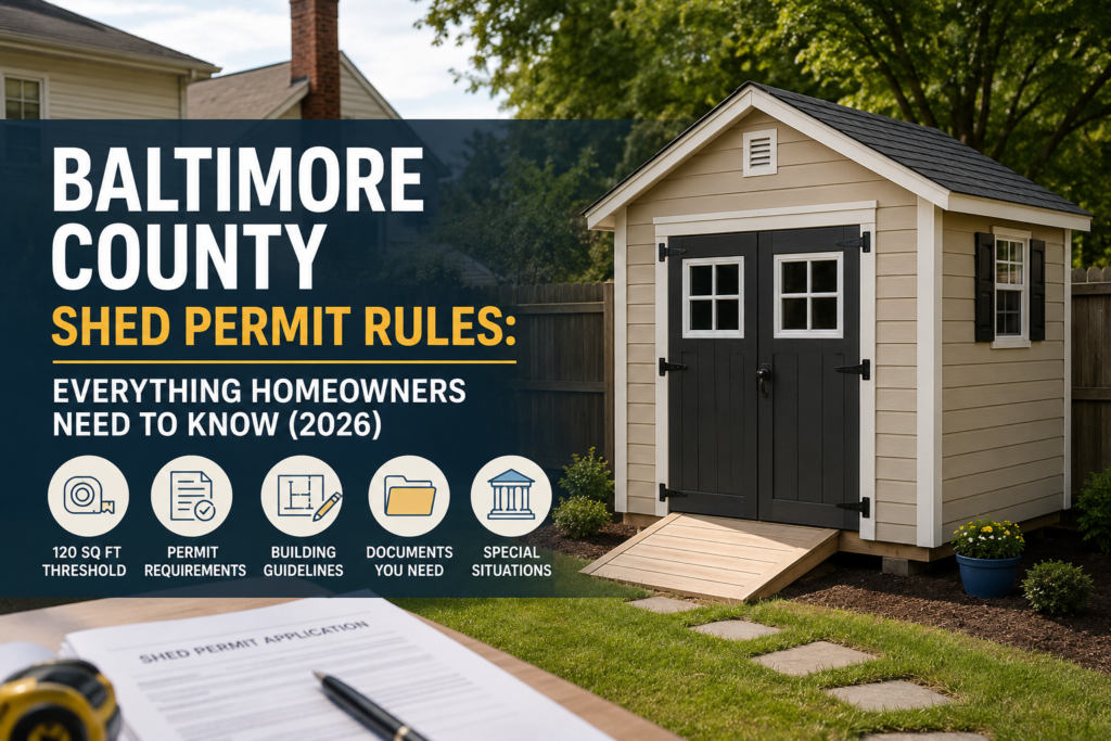 Modern backyard storage shed in a Baltimore County residential yard with graphic overlay about 2026 shed permit rules for homeowners.