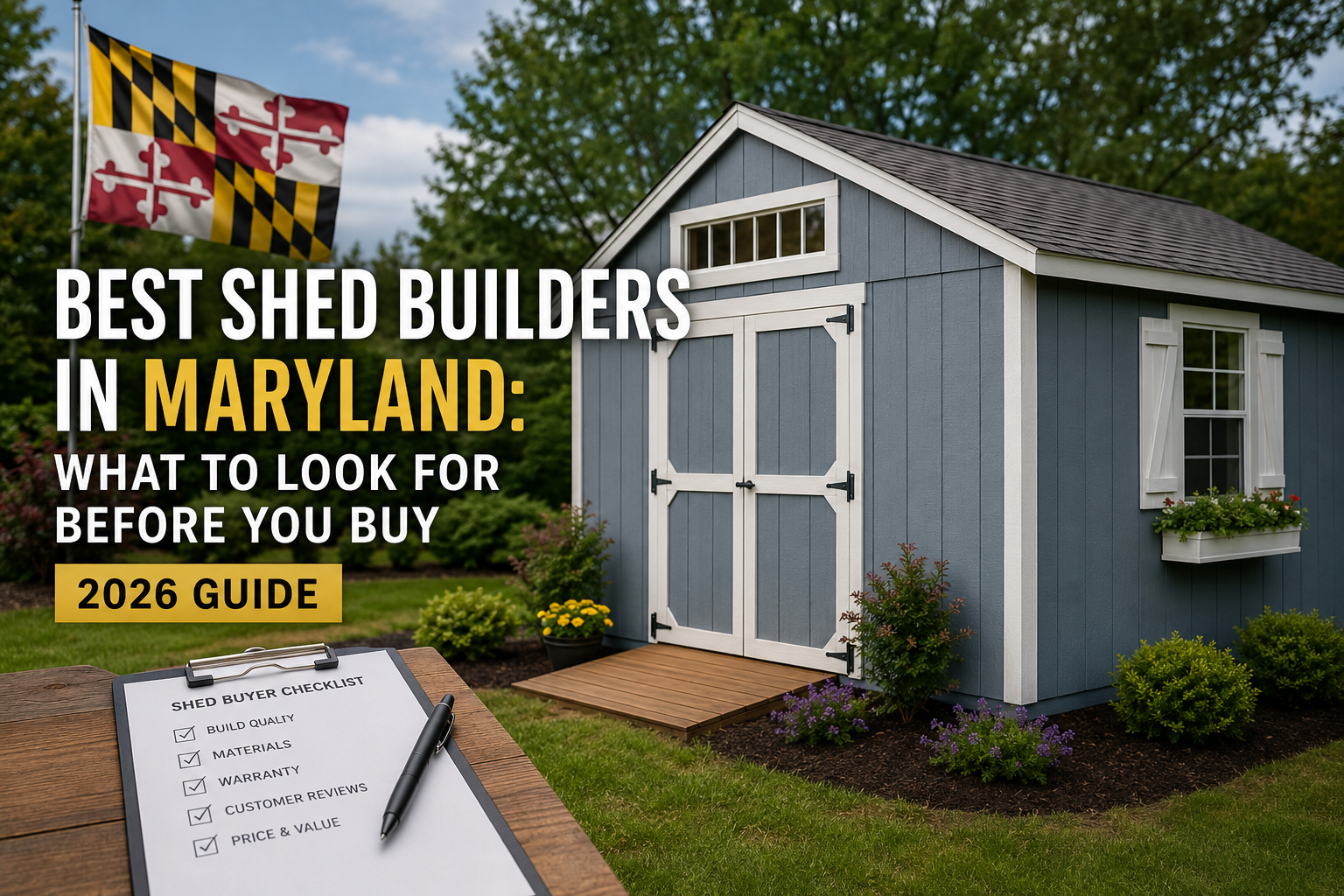 Modern blue backyard shed in a landscaped Maryland yard with text overlay reading “Best Shed Builders in Maryland: What to Look For Before You Buy – 2026 Guide.”