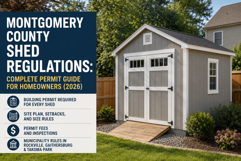 Backyard storage shed in a Montgomery County residential yard with permit guide text overlay explaining shed regulations, permits, setbacks, and inspection requirements for 2026.