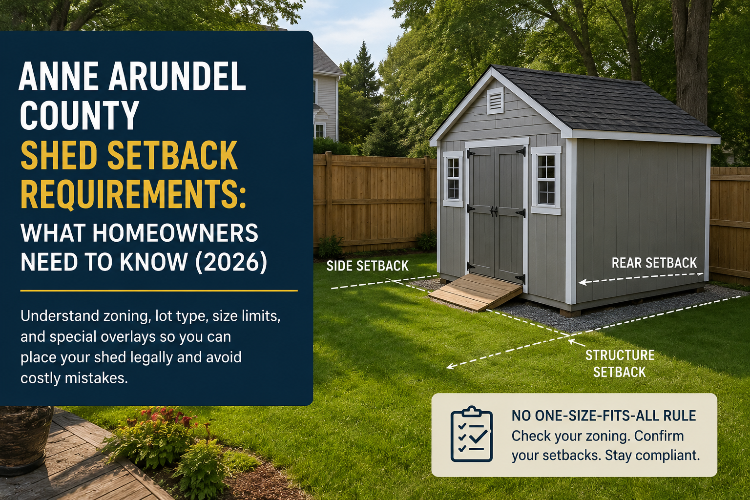 Backyard shed in Anne Arundel County with illustrated setback boundary lines and text explaining shed setback requirements for homeowners in 2026.