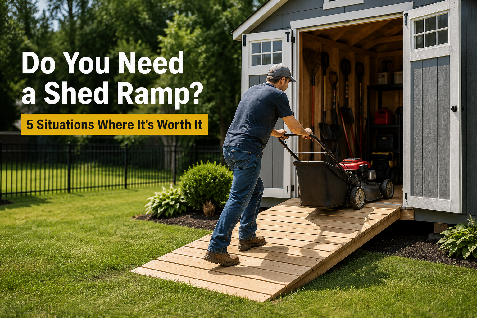 Homeowner pushing a lawn mower up a wooden ramp into a backyard storage shed on a sunny day.