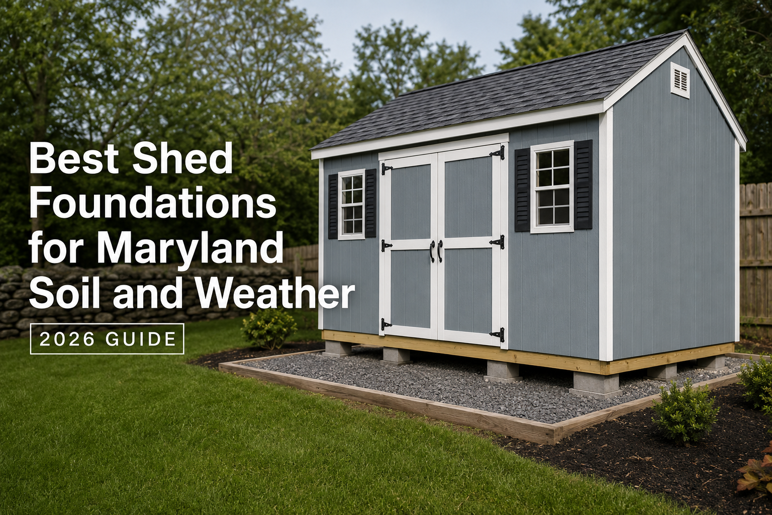 Gray backyard shed elevated on a gravel foundation designed for Maryland soil and weather conditions, featured in a 2026 shed foundation guide.