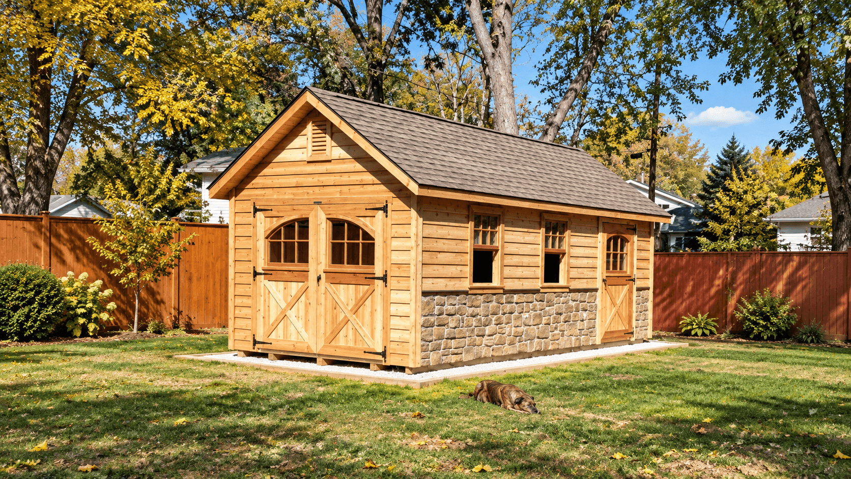 Cedar Amish-built shed with arched barn doors, stone skirting and a shingled peak roof, set on a white stone pad in a Maryland backyard
