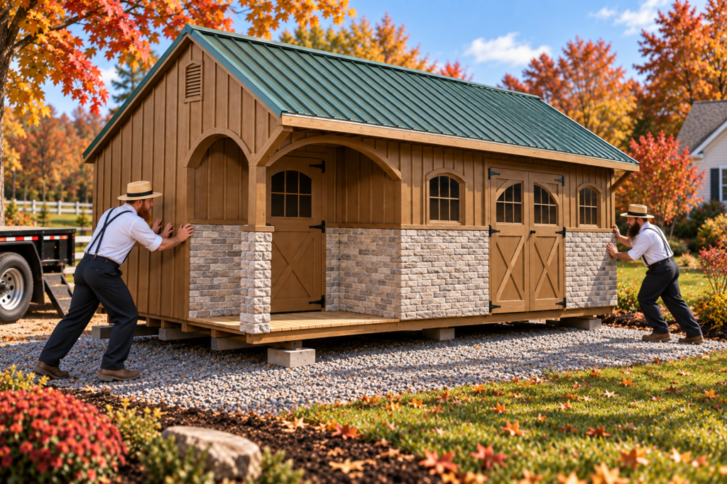 wo Amish builders guiding a finished wood shed off a Shed Mule trailer onto a prepared gravel pad