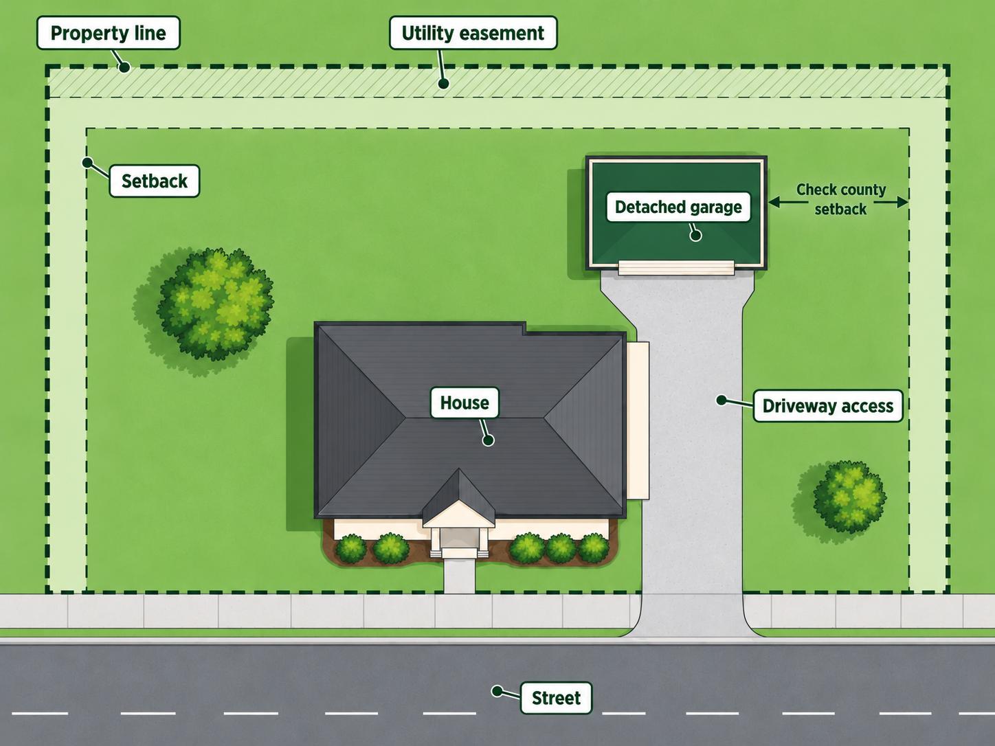 Site plan diagram showing a detached garage in the rear yard with property lines, setbacks, a utility easement and driveway access