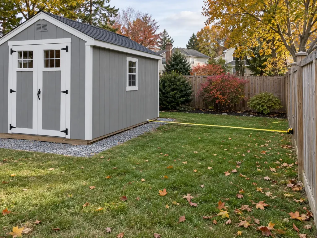 Gray storage shed on a gravel pad set back from a backyard fence in Howard County, Maryland
