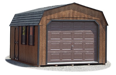 12x20 Dutch-style single-car garage with coffee brown LP SmartSide siding, black trim and charcoal shingle roof